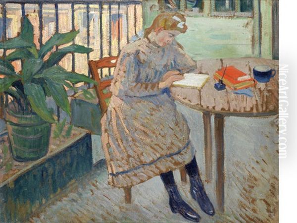 Girl Reading On A Shaded Balcony by Louis Charlot