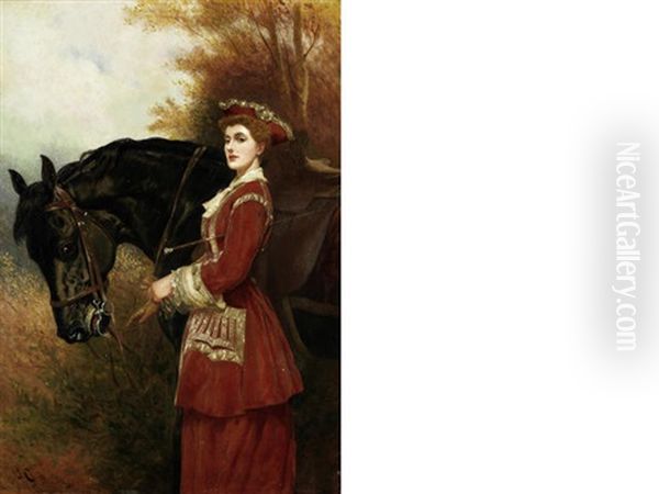 A Lady With Her Dark Brown Horse Oil Painting by John Charlton