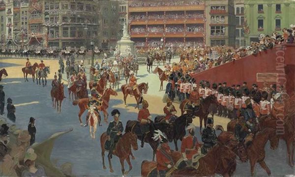 God Save The Queen: Queen Victoria Arriving At St. Paul's Cathedral On The Occasion Of The Diamond Jubilee Thanksgiving Service, 22 June 1897 Oil Painting by John Charlton