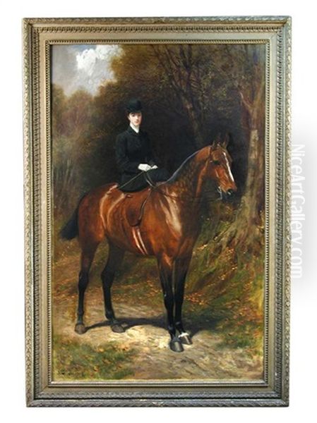 Portrait Of Miss Muriel Milly Mitchell Courage (1879-1961), Aged 19, On Her Bay Hunter, Jemima, In The Grounds Of Snowdenham Hall, Bramley, Surrey Oil Painting by John Charlton