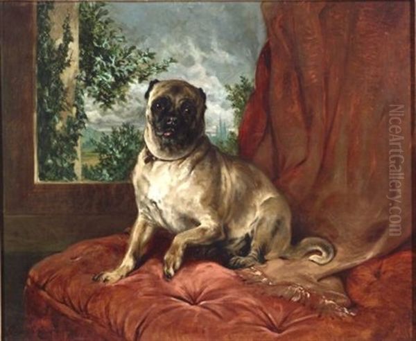 Kitty/a Portrait Of A Pug On A Tufted Cushion Oil Painting by John Charlton