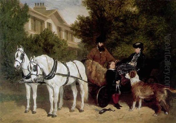 Colonel The Reverend Cumming Macdona Mp, With His Wife And Son In A Carriage Drawn By Two White Horses Oil Painting by John Charlton