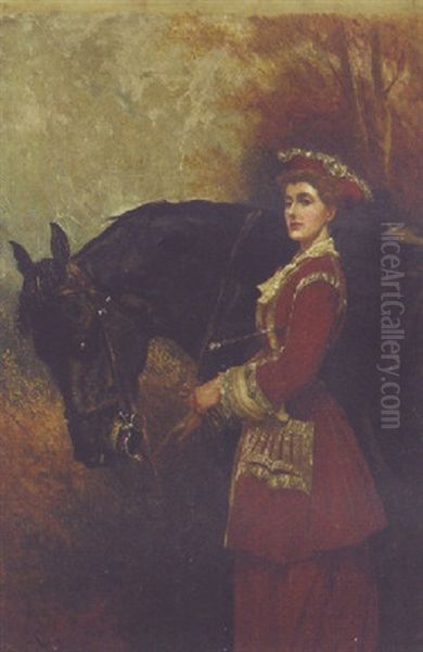 A Lady With Her Dark Brown Horse Oil Painting by John Charlton