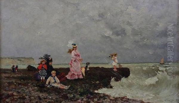 Elegantes Et Enfants Pres Du Rivage Oil Painting by Armand Charnay