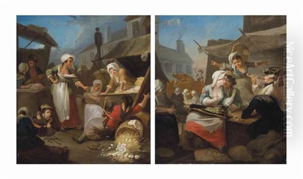 A Country Market Scene With Peasants Drinking Beside A Tavern; And A Market Scene With Women Fighting Over An Overturned Basket Of Eggs (pair) Oil Painting by Jean-Baptiste Charpentier the Elder