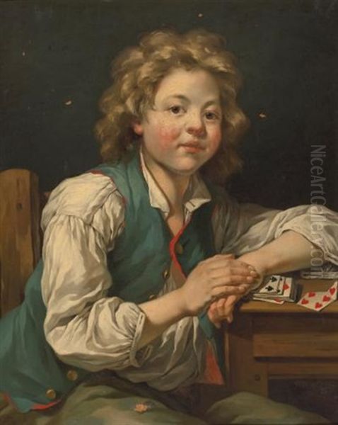 A Boy, Seated Three-quarter Length, Beside A Table With Cards And A Girl, Seated Three-quarter Length, Holding A Book (pair) Oil Painting by Jean-Baptiste Charpentier the Elder