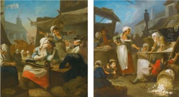 A Country Market Scene With Peasants Drinking Beside A Tavern; A Country Market Scene With Women Fighting Over An Overturned Basket Of Eggs (pair) Oil Painting by Jean-Baptiste Charpentier the Elder