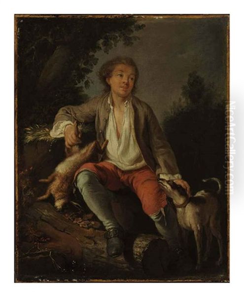 A Young Woman With A Dog In A Landscape (+ A Young Hunter With A Dog In A Landscape; 2 Works) Oil Painting by Jean-Baptiste Charpentier the Elder