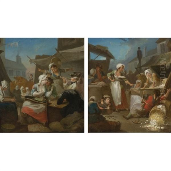 Country Market Scene With Peasants Drinking Beside A Tavern (+ Country Market Scene With Women Fighting Over An Overturned Basket Of Eggs; Pair) Oil Painting by Jean-Baptiste Charpentier the Elder