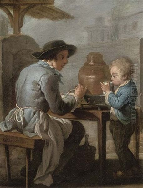 A Yard With A Drink Seller And A Boy Oil Painting by Jean-Baptiste Charpentier the Elder