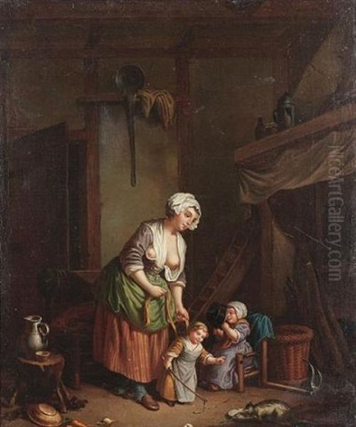 A Kitchen Interior With A Peasant Woman And Her Children Oil Painting by Jean-Baptiste Charpentier the Elder