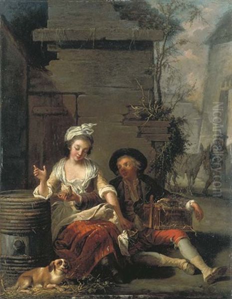 An Amorous Couple With Doves In A Cage And A Dog Oil Painting by Jean-Baptiste Charpentier the Elder