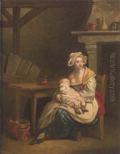 A Mother And Child In An Interior Oil Painting by Jean-Baptiste Charpentier the Elder