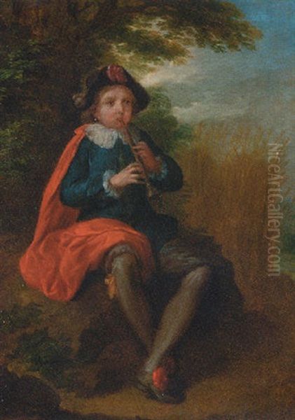 A Young Boy Playing A Shawn In A Landscape Oil Painting by Jean-Baptiste Charpentier the Elder