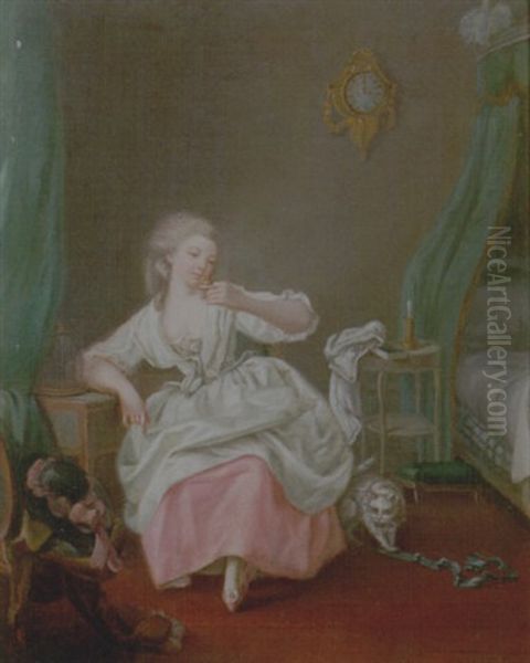 A Bedroom Interior With A Young Girl Holding A Song Bird Oil Painting by Jean-Baptiste Charpentier the Elder