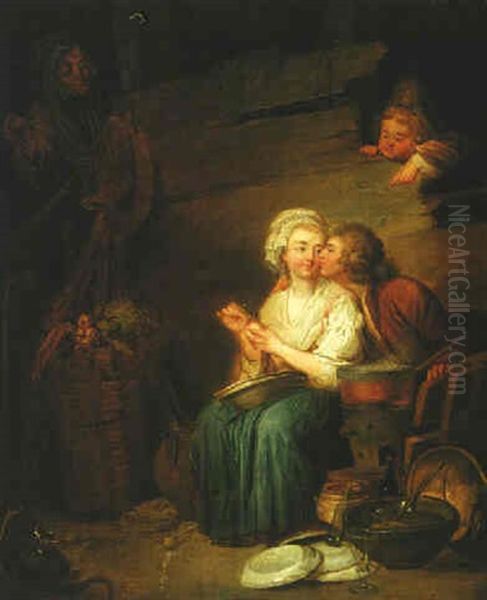 An Amorous Couple In A Kitchen Interior With An Old Woman And A Child Looking On Oil Painting by Jean-Baptiste Charpentier the Elder