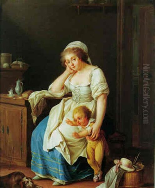 Maid And Child In A Kitchen Oil Painting by Jean-Baptiste Charpentier the Elder