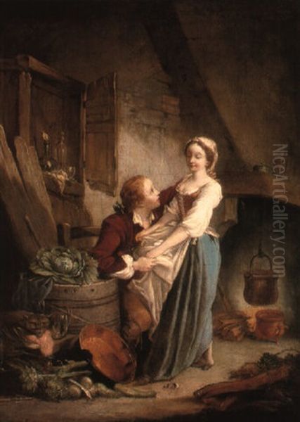 A Young Couple Courting In A Kitchen Oil Painting by Jean-Baptiste Charpentier the Elder