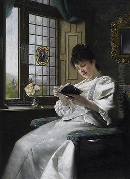 Young Woman Reading By The Window In A White Satin Dress And Gazing Into The Chateau Park. Oil Painting by Ernst Anders