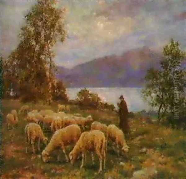 Le Berger Sur Les Rives Du Lacleman, 1895 Oil Painting by Albert Charpentier