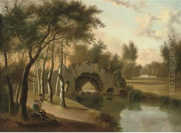 A Wooded River Landscape With Two Gentlemen Resting By A Grotto by Constance Marie (Blondelu) Charpentier