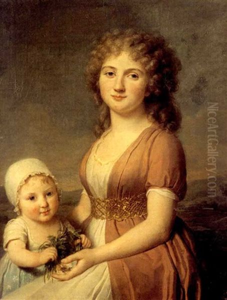 Portrait De Madame Templier Et De Sa Fille Devant Un Paysage Oil Painting by Constance Marie (Blondelu) Charpentier