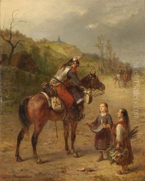 Kurassier Zu Pferd Mit Bettelnden Kindern Oil Painting by Eugene Louis Charpentier