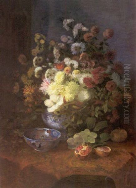 Vase De Fleurs, Coupe En Porcelaine Et Grenade Sur Un Chale Indien Oil Painting by Eugene Louis Charpentier