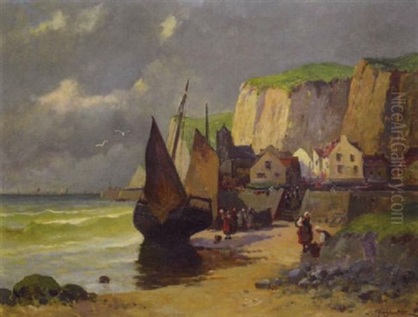 Village De Pecheurs En Normandie Oil Painting by Eugene Louis Charpentier