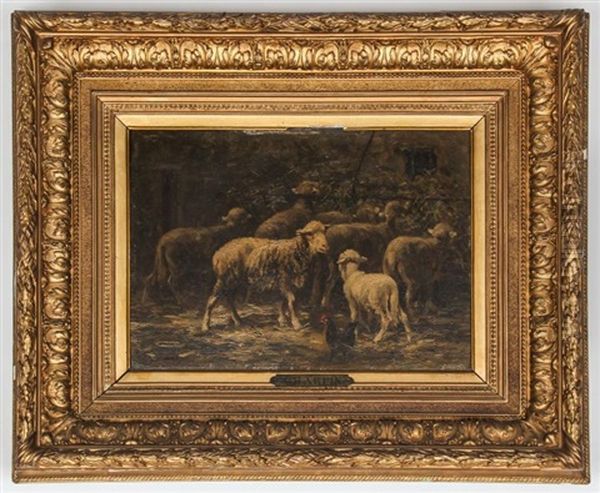 Barnyard Scene With Sheep And Rooster Oil Painting by Albert Charpin