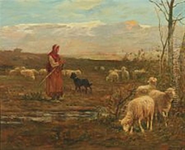 A Shepherd And Her Dog Monitor The Sheep Oil Painting by Albert Charpin