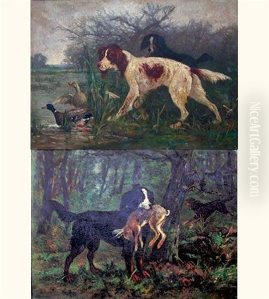 Scene De Chasse (+ Another; Pair) Oil Painting by Albert Charpin