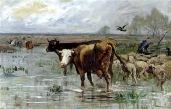 Vaches Et Moutons Au Marais Oil Painting by Albert Charpin