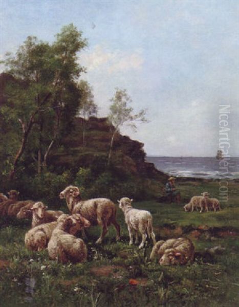 A Shepherd And His Flock By The Sea Oil Painting by Albert Charpin