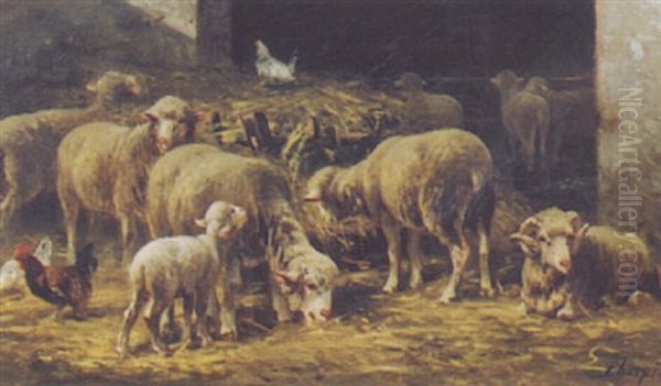 Interieur De Ferme Avec Moutons, Coq Et Poules Oil Painting by Albert Charpin