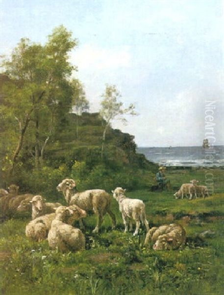 A Shepherd And His Flock By The Sea Oil Painting by Albert Charpin