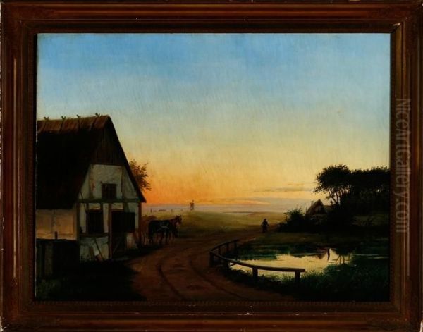 Evening Atmosphere By The Village Pond Oil Painting by A. Andersen