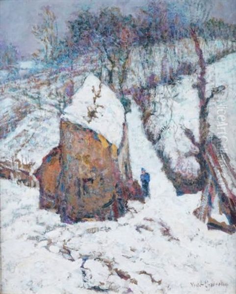 Ferme En Montagne Sous La Neige Oil Painting by Victor Charreton