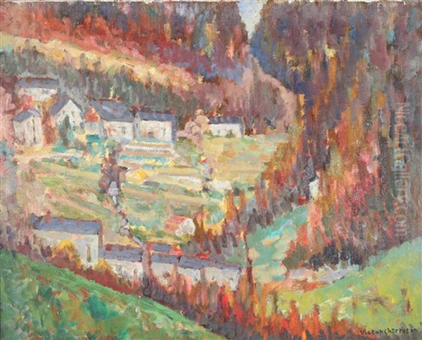 Village In A Fall Landscape Oil Painting by Victor Charreton