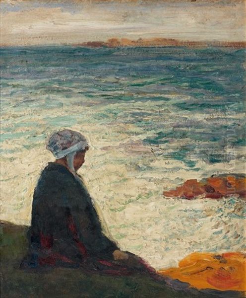 Bretonne Assise En Bord De Mer, Baie De Ploumanach Oil Painting by Victor Charreton