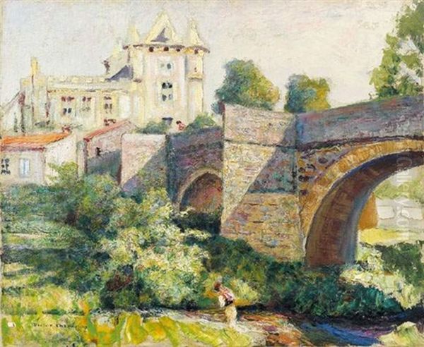 Pont Fortifie Devant Un Chateau Saint Amant - Tallende Oil Painting by Victor Charreton