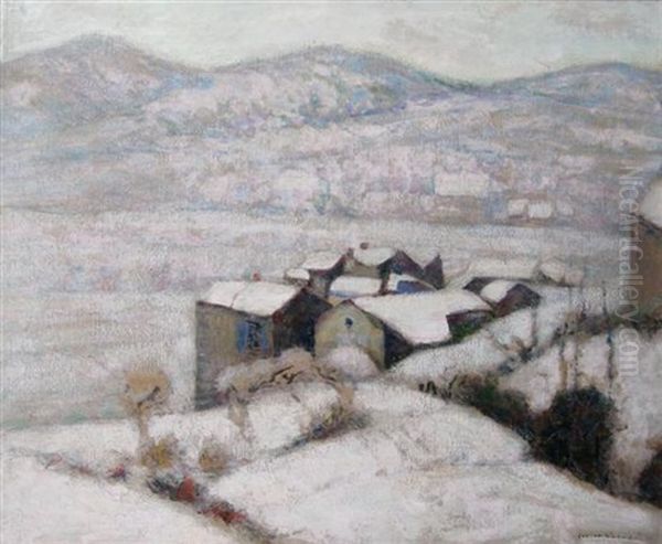 Village Perche Sous La Niege Oil Painting by Victor Charreton