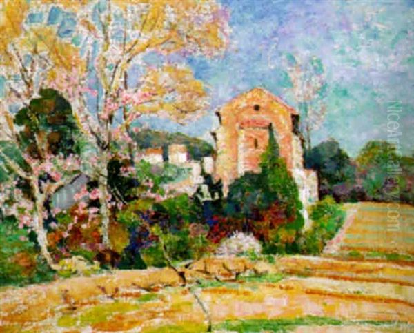 Printemps A Bornes-les-mimosas Ou La Chapelle En Briques Oil Painting by Victor Charreton