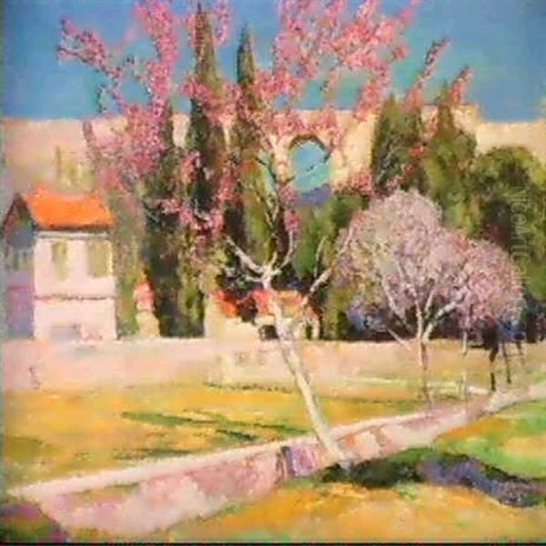 Pecher En Fleurs Sous Le Viaduc A Bandol Oil Painting by Victor Charreton