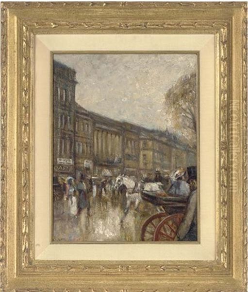 Elegant Figures In A Bustling Street, Paris Oil Painting by Henrik Georges Charrier