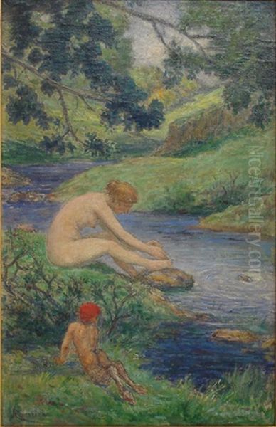 Nymphe Et Jeune Faune Au Bord De L'eau Oil Painting by Henrik Georges Charrier