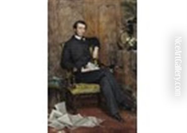 Portrait Of A Gentleman, Full Length, Seated With His Dog And Holding A Newspaper Oil Painting by Theobald Chartran