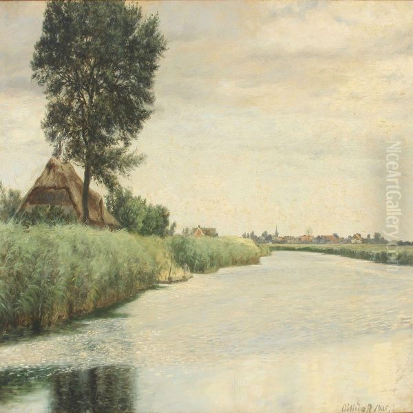 View From Odense Stream In Denmark Oil Painting by Cilius Andersen