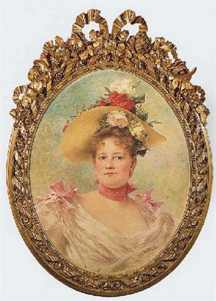 Portrait De Femme Au Chapeau Fleuri Oil Painting by Theobald Chartran