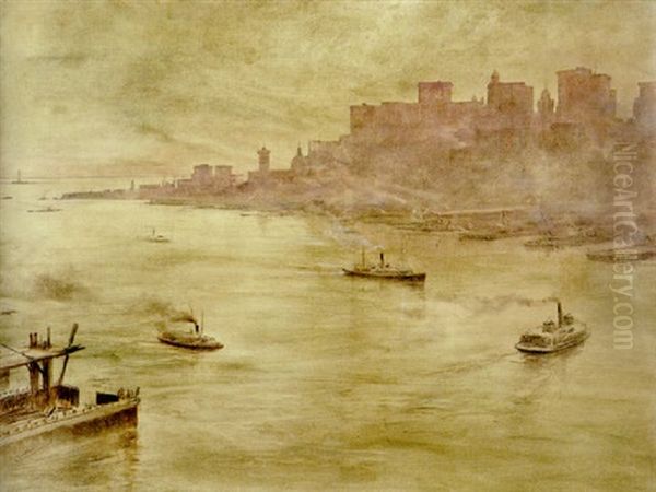 South Street Seaport From Brooklyn Oil Painting by Theobald Chartran